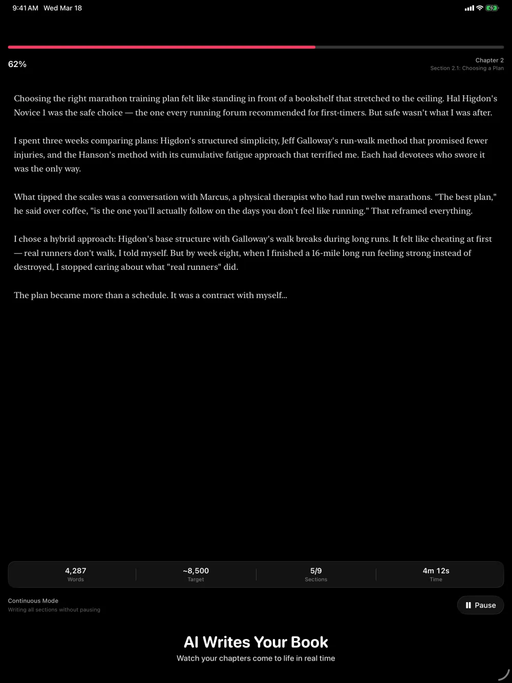 Drafting on iPad showing streaming text and the full manuscript view