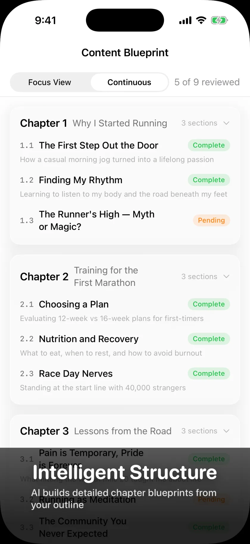 Chapter blueprint showing chapter and section hierarchy with objectives and completion status