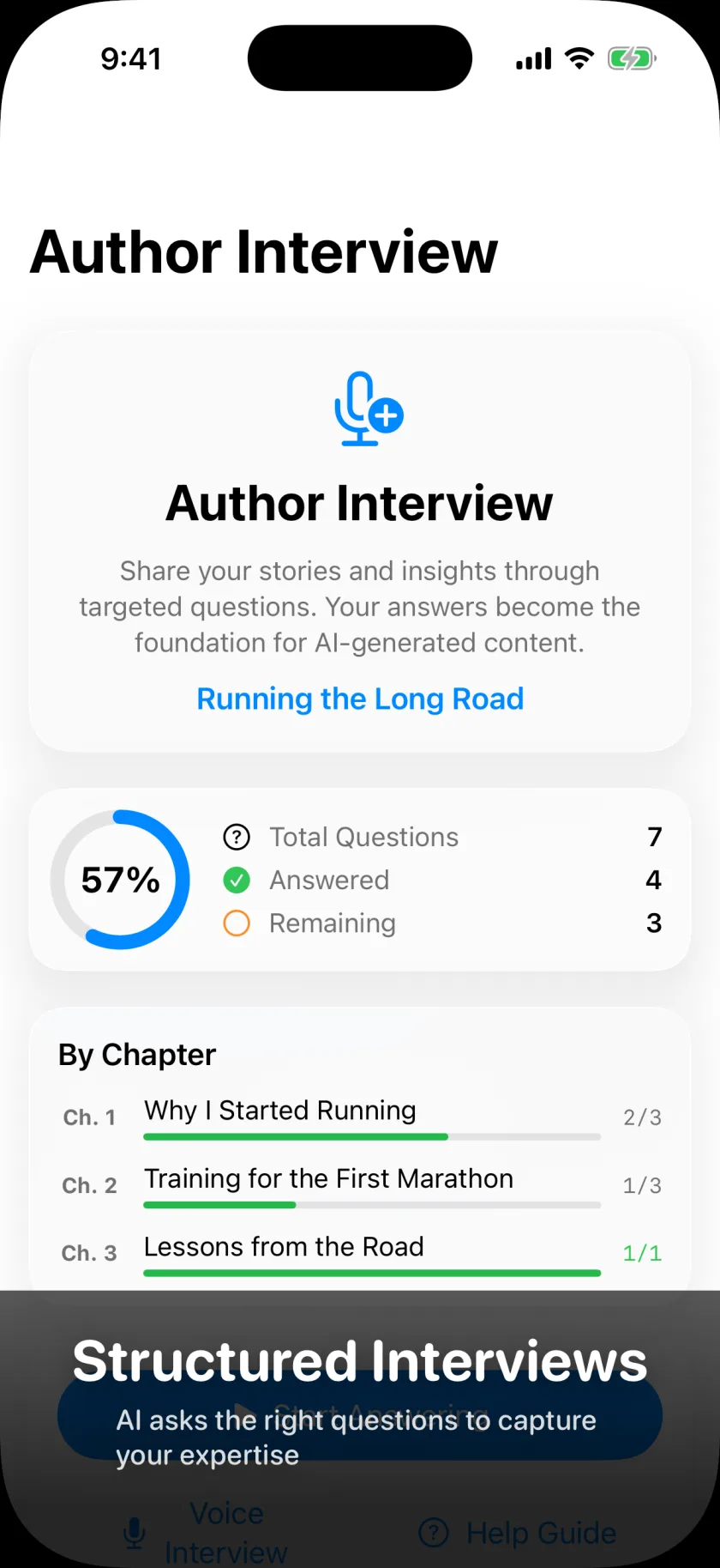 Interview progress dashboard with completion ring and chapter breakdown