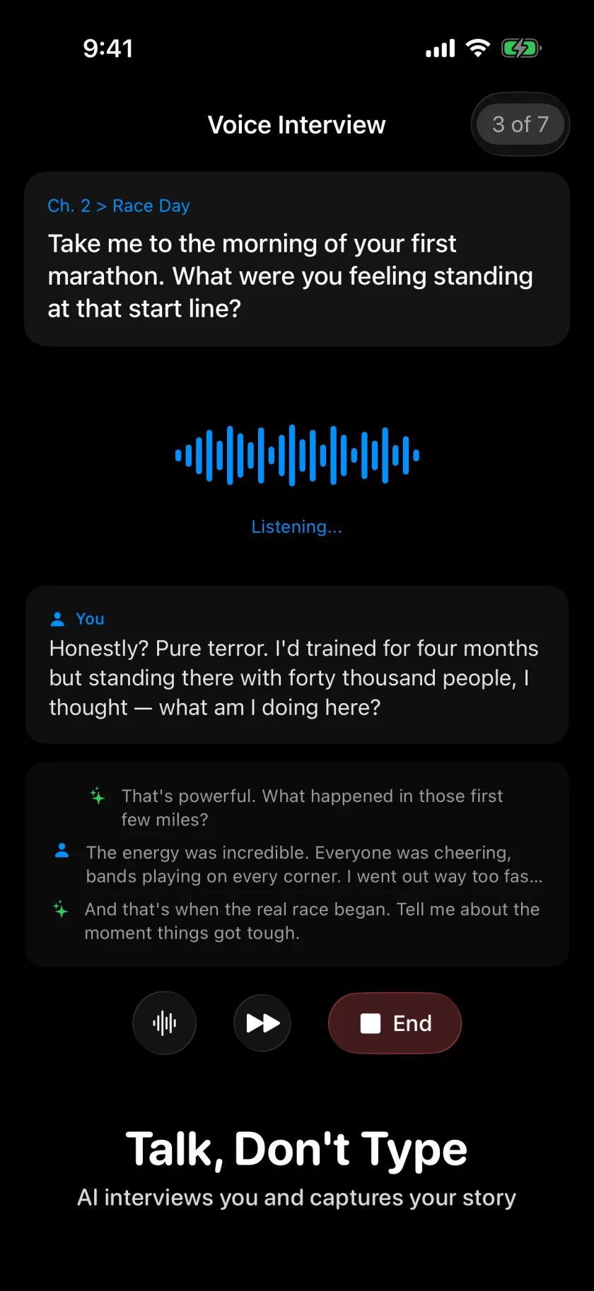 Voice interview screen with waveform, question, and live transcript