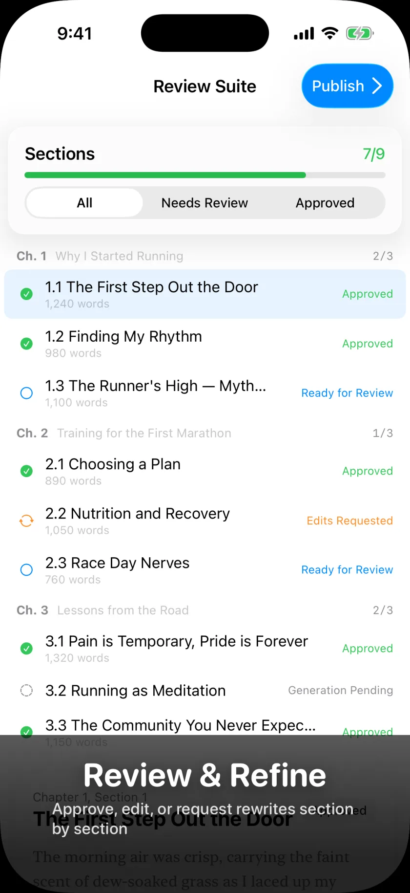 Review screen showing sections with approval status and review controls
