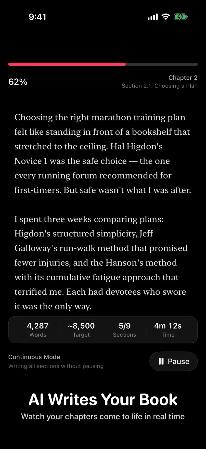 Writing view with streaming draft text, progress bar, and word count